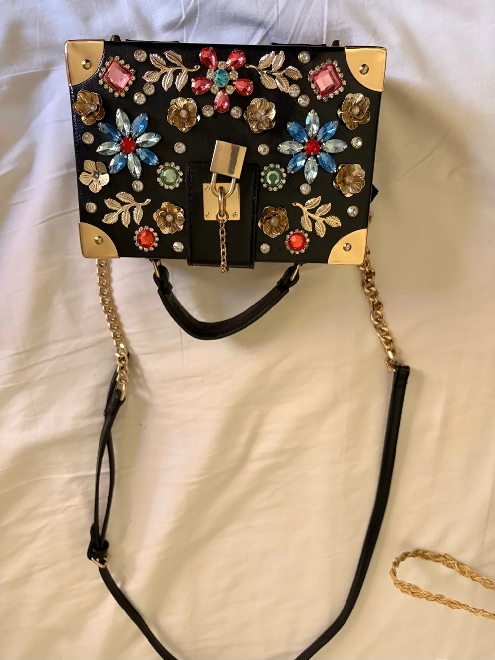 Embellished Black Floral Gem Box Bag - Designer Style - Picture 2 of 5
